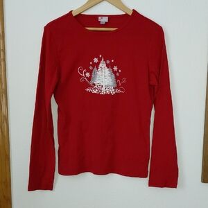 Holiday Editions Red Long Sleeve Tee with White and Silver Tree Design size M